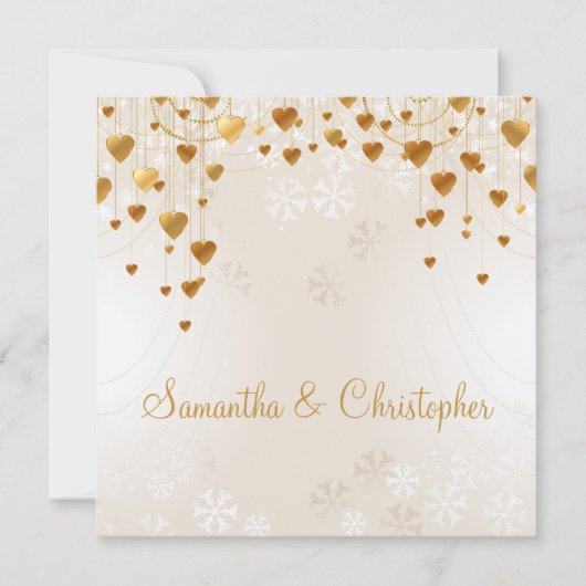 Invitation Gold Hearts et Snowflakes II Mariage (Devant)
