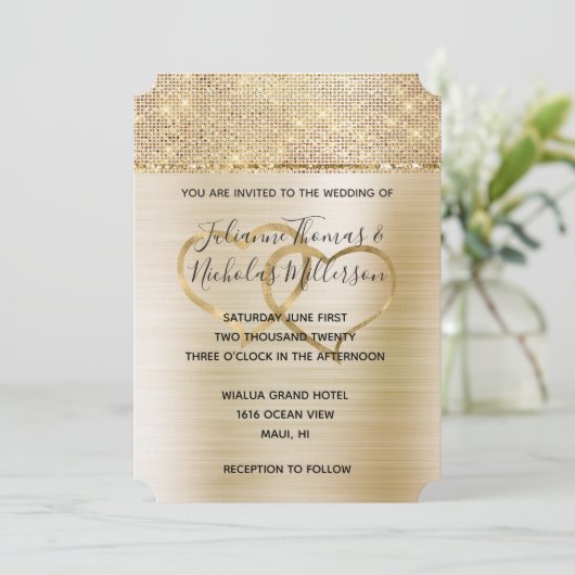 Invitation Gold Hearts Glam Sparkle Mariage (Debout devant)