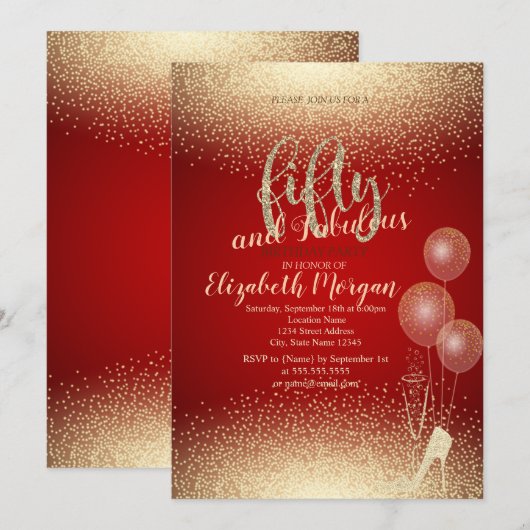Invitation Gold High Heels Confetti, Red 50th Birthday Party (Devant / Derrière)