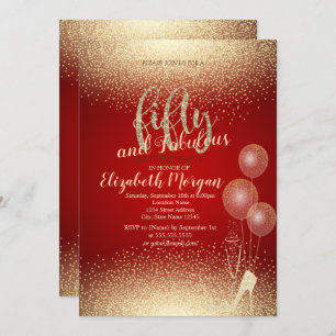 Invitation Gold High Heels Confetti, Red 50th Birthday Party