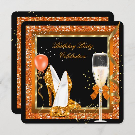Invitation Gold High Heures Parties scintillant Orange Annive (Devant / Derrière)