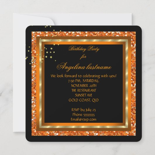 Invitation Gold High Heures Parties scintillant Orange Annive (Dos)