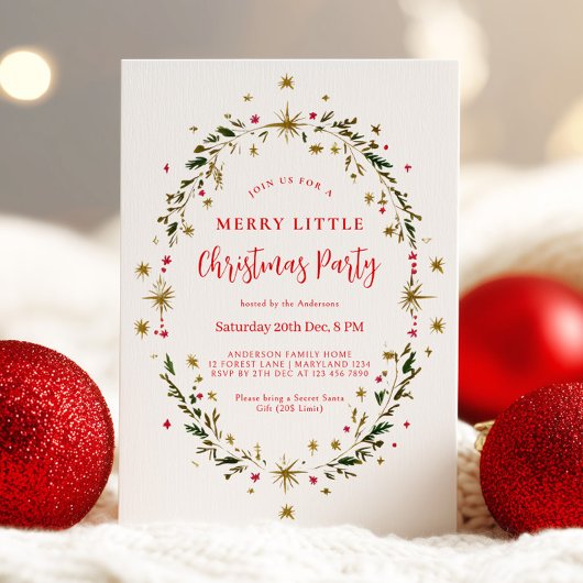 Invitation Gold Holiday Party Festive Christmas Wreath