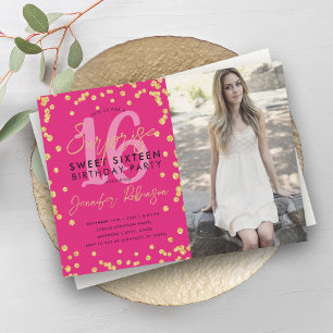 Invitation Gold Hot rose Confetti Photo Surprise Sweet 16