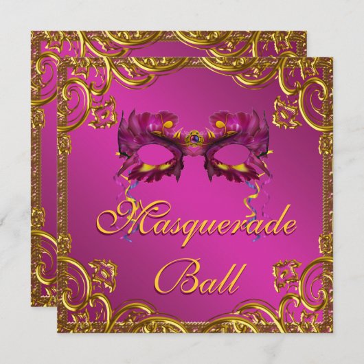 Invitation Gold Hot rose Masquerade bal (Devant / Derrière)