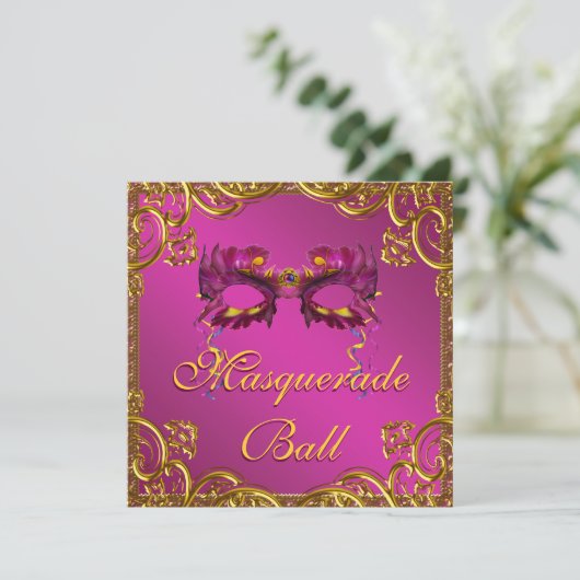 Invitation Gold Hot rose Masquerade bal (Debout devant)