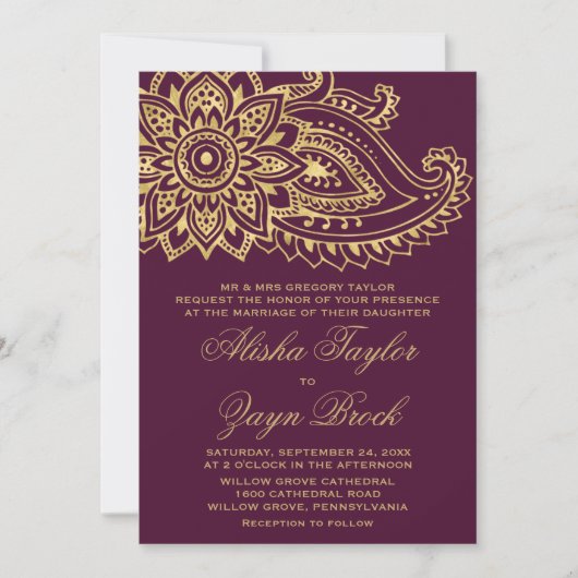 Invitation Gold Indian Paisley Mariage officiel (Devant)