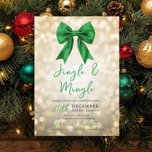 Invitation Gold Jingle Mingle Christmas Party Green Bow 