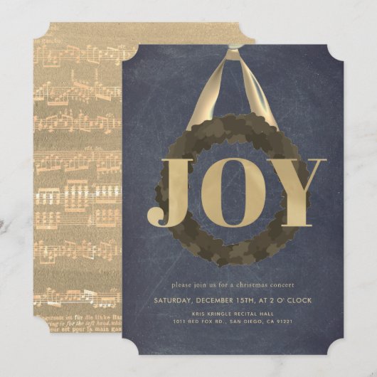 Invitation Gold JOY Wreath Chalkboard Christmas Concert (Devant / Derrière)