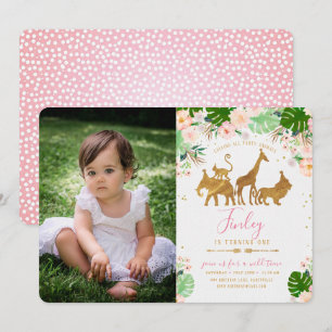 Invitation Gold Jungle Animal & Floral Photo Anniversaire Inv