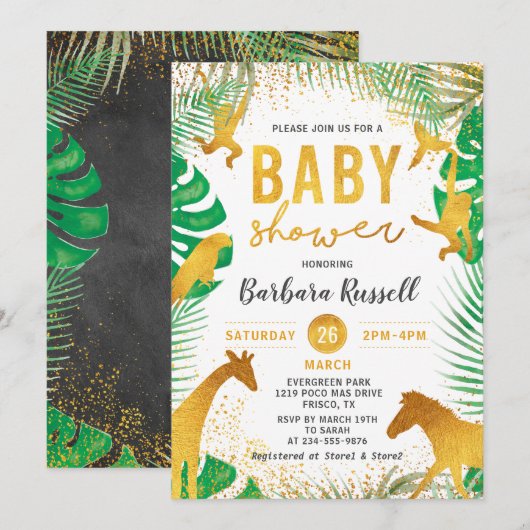 Invitation Gold Jungle Animaux Safari Baby shower garçon (Devant / Derrière)