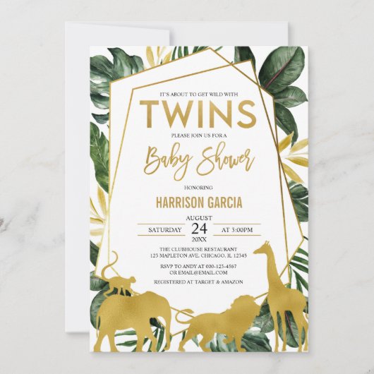 Invitation Gold Jungle Safari Animaux Twins Baby shower (Devant)