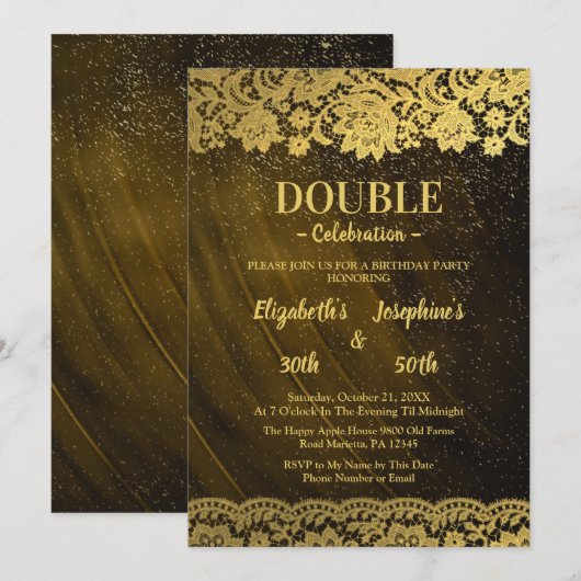 Invitation Gold Lace Adulte double Joint Anniversaire (Devant / Derrière)