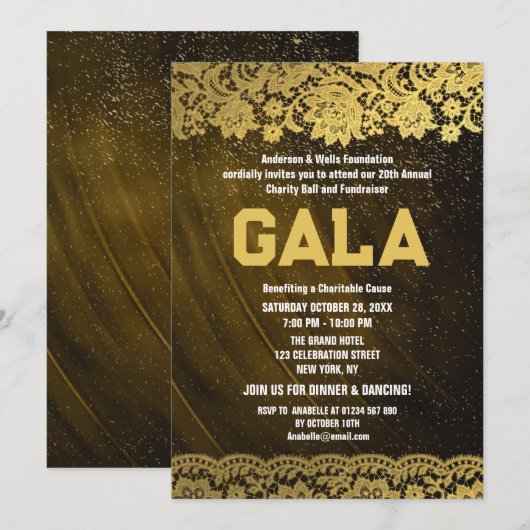 Invitation Gold Lace Charity Ball Parti de collecte de fonds  (Devant / Derrière)
