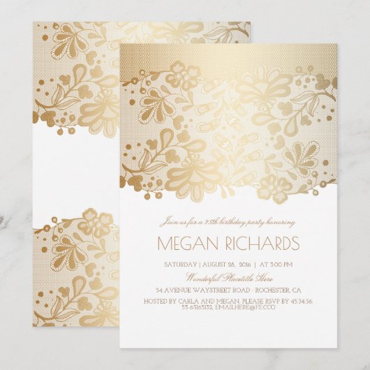 Invitation Gold Lace Elégante Vintage White Anniversaire (Devant / Derrière)