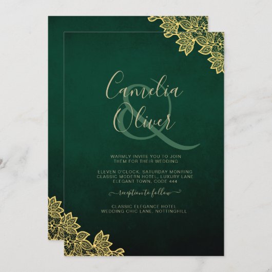 Invitation Gold Lace Emerald Green All-in-1 Wedding Invitatio (Devant / Derrière)