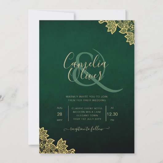 Invitation Gold Lace Emerald Green All-in-1 Wedding Invitatio (Devant)