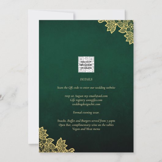 Invitation Gold Lace Emerald Green All-in-1 Wedding Invitatio (Dos)