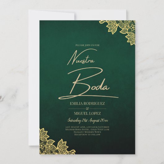Invitation Gold Lace Emerald Green All-in-1 Wedding Invitatio (Devant)