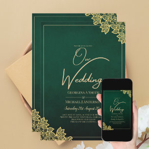 Invitation Gold Lace Emerald Green All-in-1 Wedding Invitatio