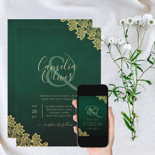 Invitation Gold Lace Emerald Green All-in-1 Wedding Invitatio