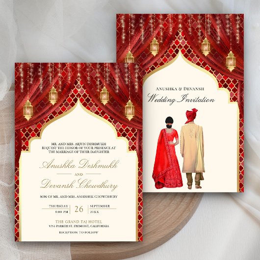 Invitation Gold Lanterns Red Indian Couple Wedding