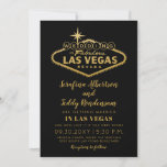 Invitation Gold Las Vegas Fabuleux Destination Mariage<br><div class="desc">Une invitation pour un Mariage de Las Vegas avec le fabuleux panneau éclairé dans un élégant faux effet de feuille d'or sur un arrière - plan noir, conçu avec un mariage de destination à l'esprit incluant l'espace pour les déplacements optionnels et les détails de l'hébergement sur le dos, ce qui...</div>