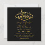 Invitation Gold Las Vegas Fabulous Destination Carré Mariage<br><div class="desc">Invitation carré pour un Mariage Las Vegas avec le fabuleux panneau éclairé dans un élégant effet faux or feuille d'arrière - plan noir, conçu avec un mariage de destination en tête, y compris l'espace pour les déplacements optionnels et les détails de l'hébergement sur le dos, ce qui fait de ce...</div>