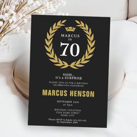 Invitation Gold Laurel Wreath Crown 70e anniversaire Surprise