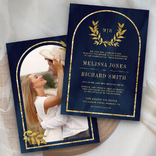 Invitation Gold Laurel Wreath Feuille Marine Blue Mariage