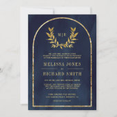 Invitation Gold Laurel Wreath Feuille Marine Blue Mariage (Devant)