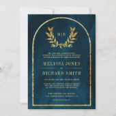 Invitation Gold Laurel Wreath Feuille Océan Bleu Mariage (Devant)