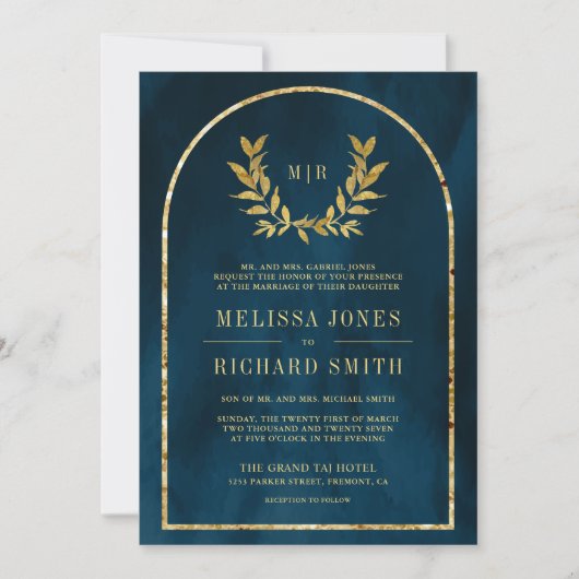 Invitation Gold Laurel Wreath Feuille Océan Bleu Mariage (Devant)