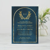 Invitation Gold Laurel Wreath Feuille Océan Bleu Mariage (Debout devant)