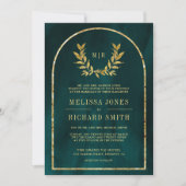 Invitation Gold Laurel Wreath Feuilles Dark Turquoise Mariage (Devant)