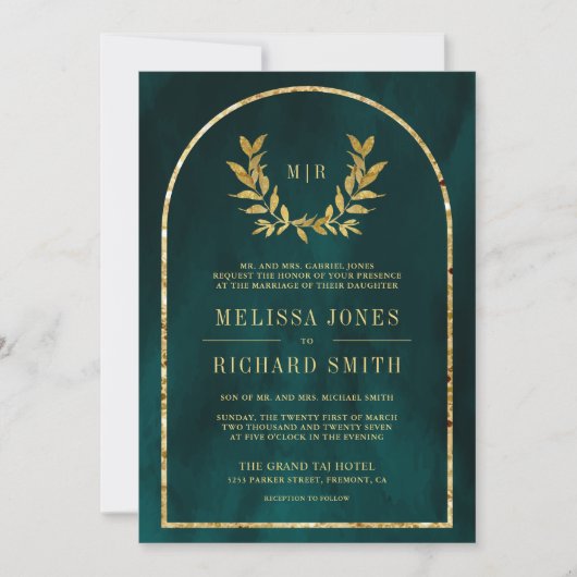 Invitation Gold Laurel Wreath Feuilles Dark Turquoise Mariage (Devant)