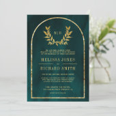 Invitation Gold Laurel Wreath Feuilles Dark Turquoise Mariage (Debout devant)