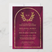 Invitation Gold Laurel Wreath Feuilles Fuchsia Magenta Mariag (Devant)