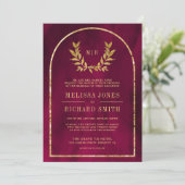 Invitation Gold Laurel Wreath Feuilles Fuchsia Magenta Mariag (Debout devant)