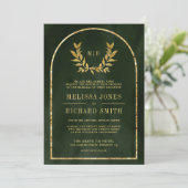 Invitation Gold Laurel Wreath Feuilles Olive Green Mariage (Debout devant)