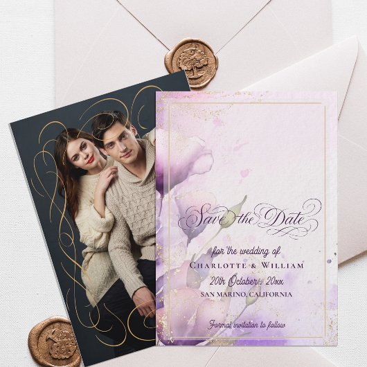 Invitation Gold Lavender Floral Photo Wedding Save the Date