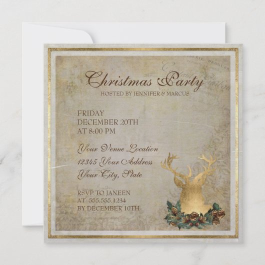 Invitation Gold Leaf Look Devoir Head Antlers Christmas Party (Dos)