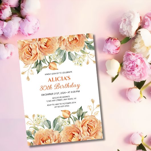 Invitation Gold Leaf Orange Peony Rustic Floral Anniversaire