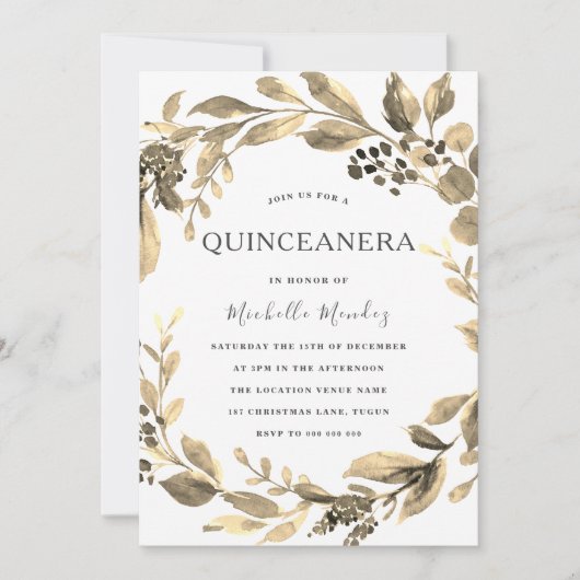 Invitation Gold Leaf Wreath Modern Quinceanera Party (Devant)