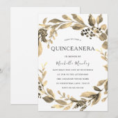 Invitation Gold Leaf Wreath Modern Quinceanera Party (Devant / Derrière)