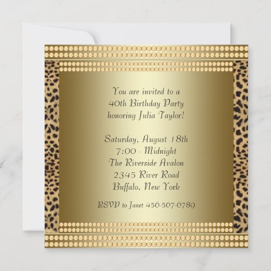 Invitation Gold Leopard fête d'anniversaire (Dos)