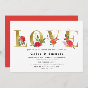 Invitation Gold Letters with Red Flowers Engagement Party