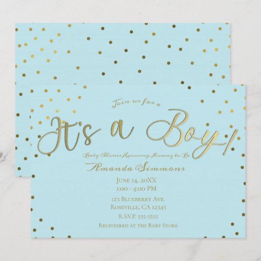 Invitation Gold & Light Blue Modern C'est un Baby shower garç (Devant / Derrière)