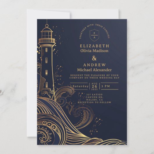 Invitation Gold Lighthouse Night Wedding (Devant)