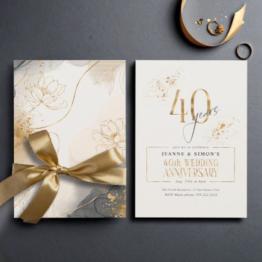 Invitation Gold Line Floral 40th Anniversary ID1169